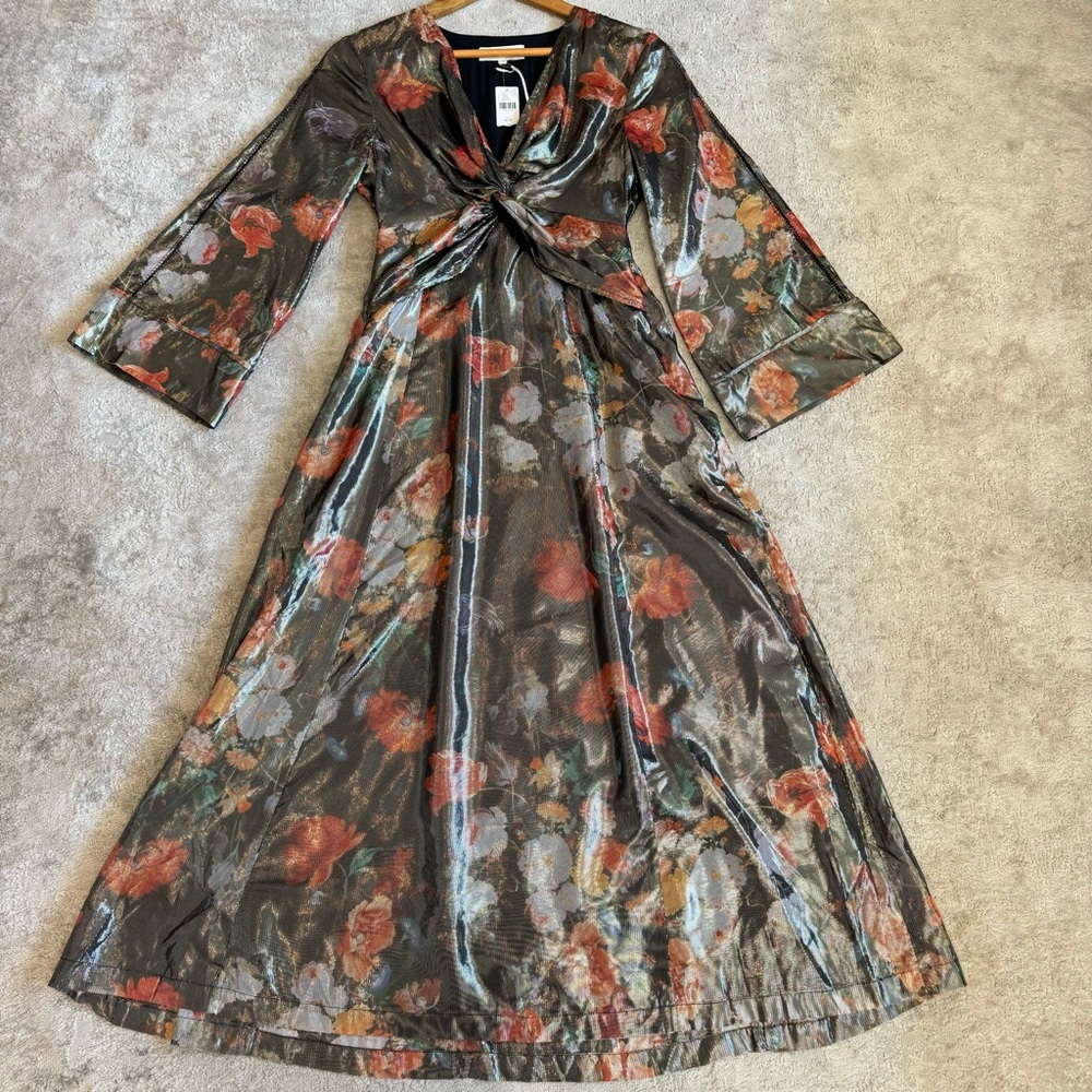 Anthropologie Caballero Metallic Floral Deep V-Neck Maxi Dress Brown Motif - Picture 7 of 16